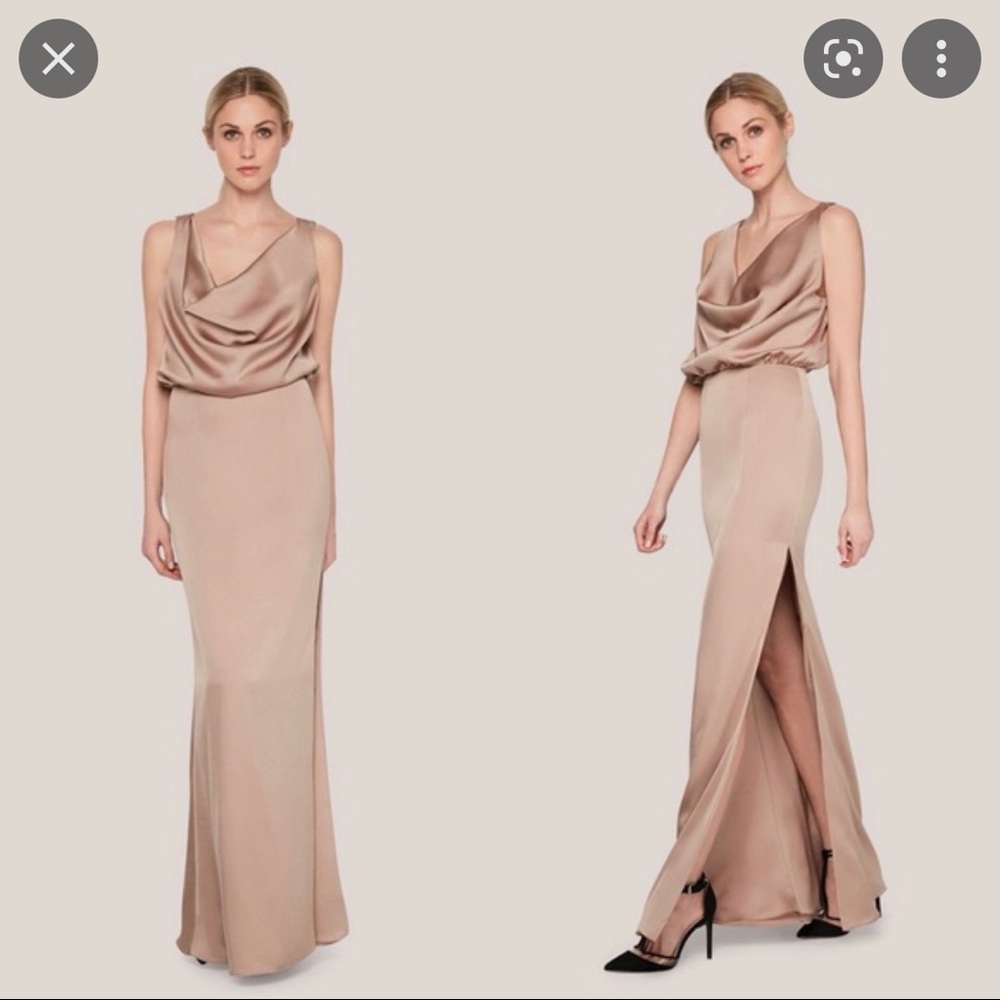 Fame and Partners Satin Cowl-Neck Bridal Gown in Champagne